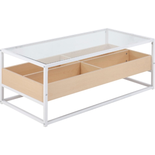 Display Coffee Table in White Metal, Natural Wood, & Tempered Glass